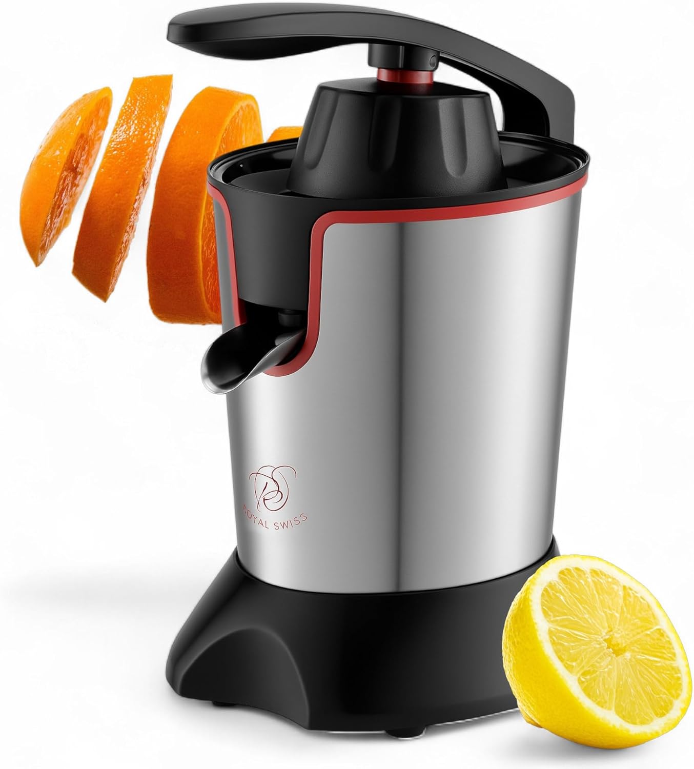 Royal Swiss Presse Agrume Électrique, 0.4 L, professionnel à levier AGR88, inox, 600W puissant, bec anti-gouttes, compatible lave-vaisselle