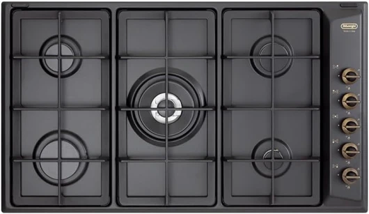 De'Longhi ANL 59 PRO Plateau Cuisinière à Gaz 90 Cm, 5 Brûleurs 1 Double Couronne, Acier Émaillé Noir, Grilles En Fonte, Boutons Laiton Antique, Design Country