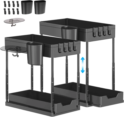 Rangement Sous Evier 2 Niveaux, Organisateur à Hauteur Réglable avec 8 Crochets/2 Tasses/1 Porte-savon, Étagère sous Évier Coulissant pour Cuisine Salle de Bain (Lot de 2) Noir Lot de 2