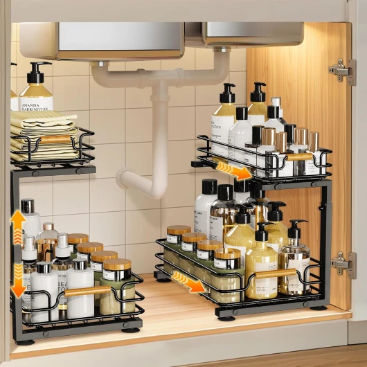 JYPS Lot de 2 Rangement sous Evier, 2 étages Métal Organisateur sous Evier Tiroir Coulissant à Extraction, Réglable en Hauteur Rangement Organisation de Cuisine, Etagere Placard sous evier Salle(Noir) 2pcs Noir