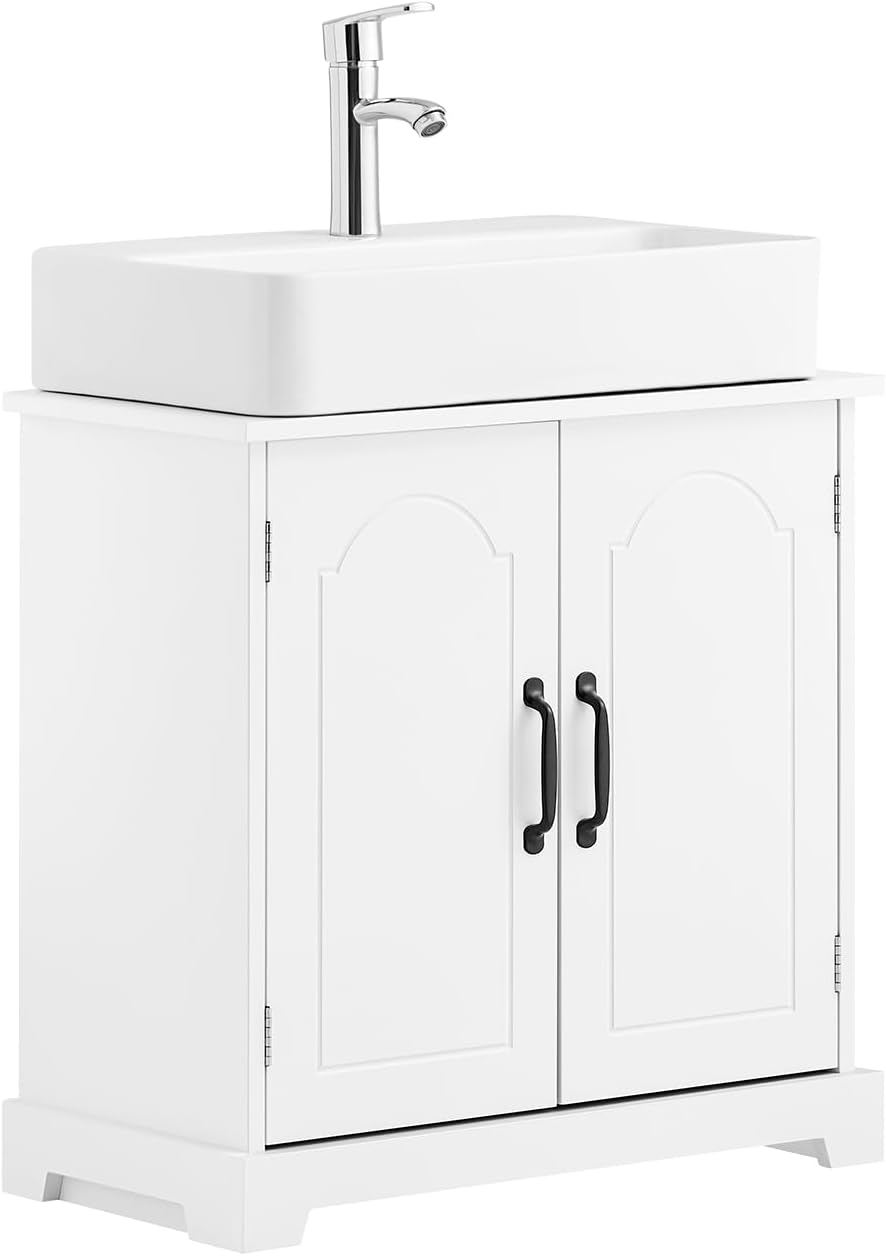 Meuble sous Lavabo Salle de Bain 60 cm, Petit Armoire de Rangement sous évier avec étagères réglables, Meubles sous Vasque Compact résistant à l'humidité en Bois, Blanc, BZR205-W Meuble sous-vasque