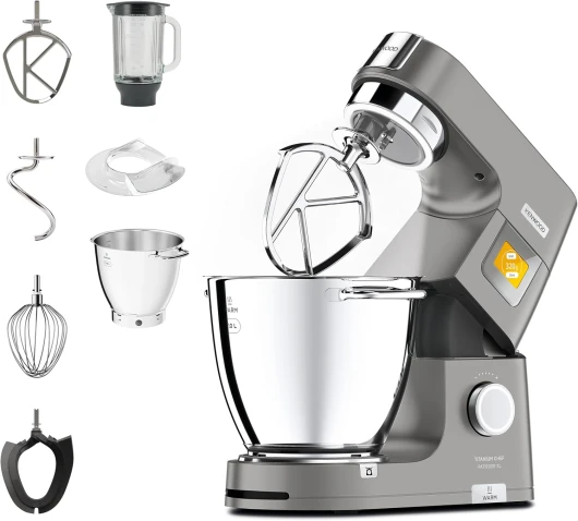 Titanium Chef Patissier XL KWL90.034SI, Robot Patissier Balance Intégrée, Batteur K, Pétrin, Fouet, Batteur Souple, Deux Bols, Couvercle Anti-Projections, 1400W, Acier, Argent Unique