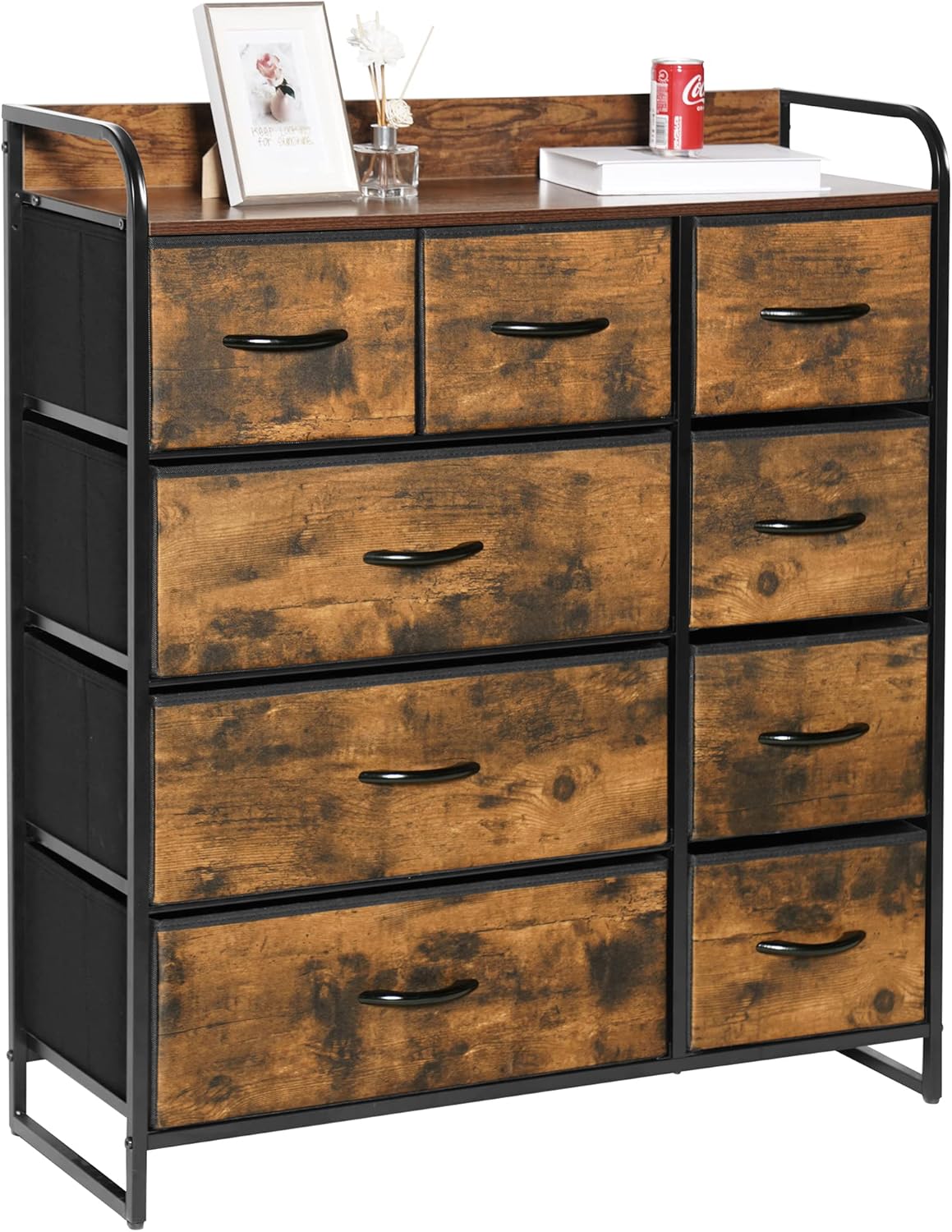 LYNCOHOME Commode, Commode Chambre, Meuble de Rangement, Armoire avec 9 tiroirs en Tissu, Meuble Chambre, Commode 9 tiroirs, Armoire à tiroirs avec 2 poignées pour Cuisine, Bureau, Couloir Marron