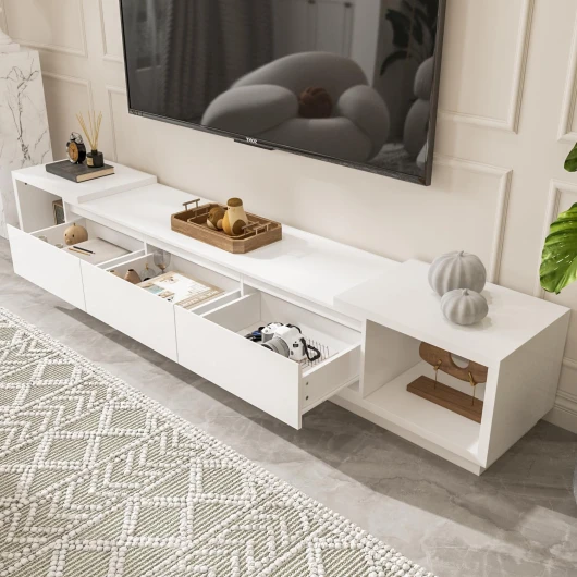 PREMTURE Meuble TV - Meuble Cache TV - Meuble bas pour téléviseur - Avec 3 tiroirs - Table TV avec côtés gauche et droit réglables - 270 x 40 x 39 cm - Blanc - MDF