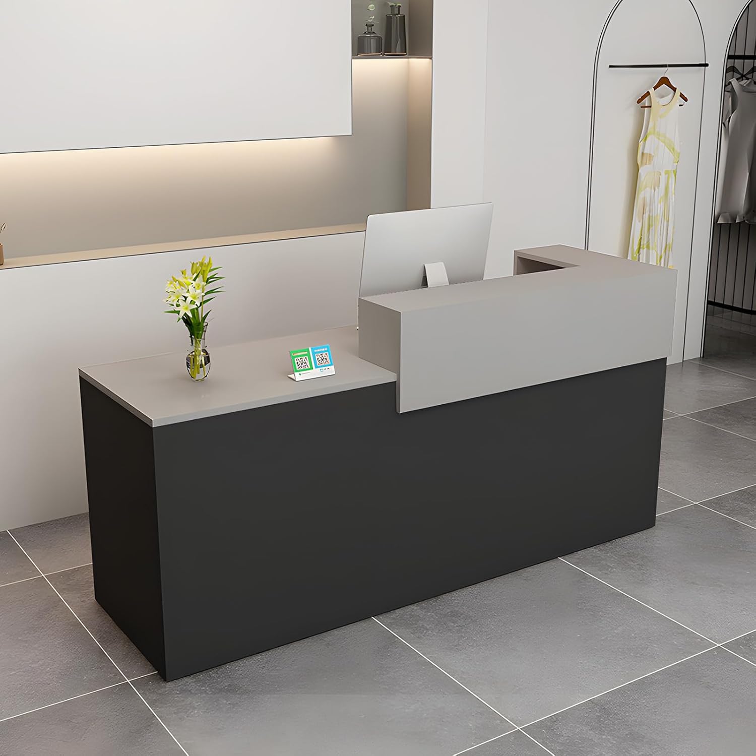 Comptoir de Réception, Comptoir Caisse avec Tiroir Verrouillable étagères Ouvertes, Largeur 100‑180cm, Moderne pour Salon Bureau Boutique Noir + Gris/Droite 100x100x60cm