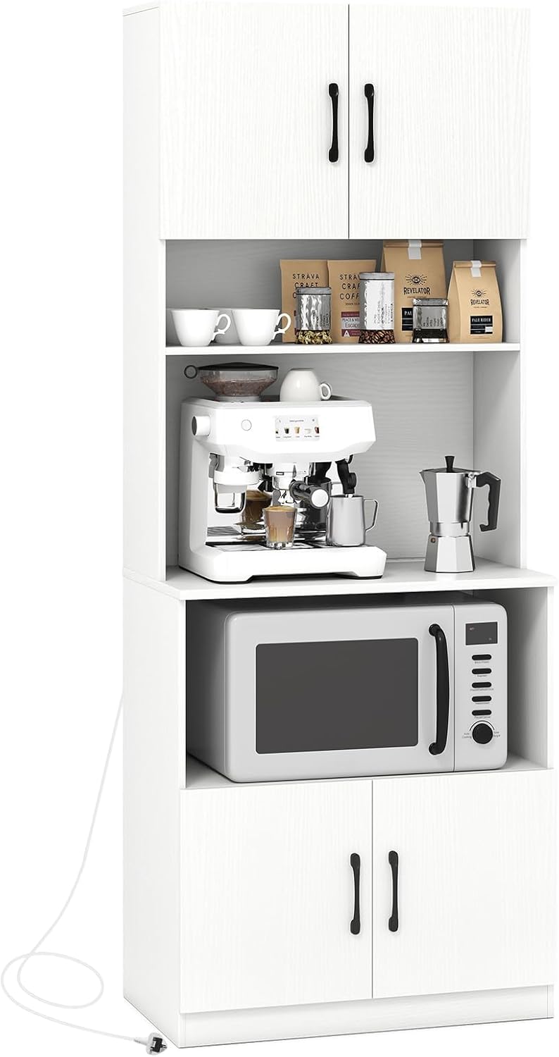 Meuble Cuisine avec Station de Recharge et Trou de Câble, Buffet Salle a Manger Haut avec 2 Placards à Portes, Comptoir Spacieux Ouvert, Étagères Réglables, Moderne pour Cuisine, Salon, Blanc