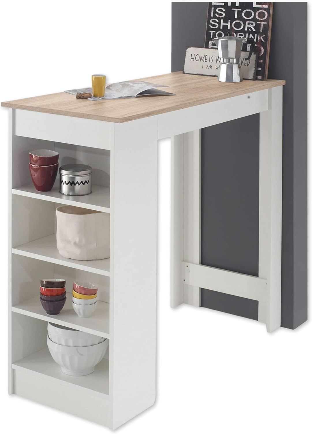 Mojito Table de Bar Moderne, Aspect comptoir Peu encombrant pour Cuisine et Salle à Manger, Bois d'ingénierie, Blanc/chêne Sonoma, 115 x 103 x 50 cm