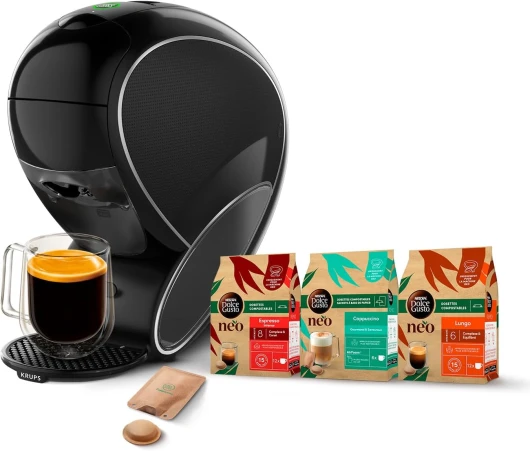 Dolce Gusto NEO Coffee Machine by Krups, Machine à café + 3 boites de dosettes compostables (Espresso, Lungo, Cappuccino), Cafetière multi-boissons connectée YY5242FD