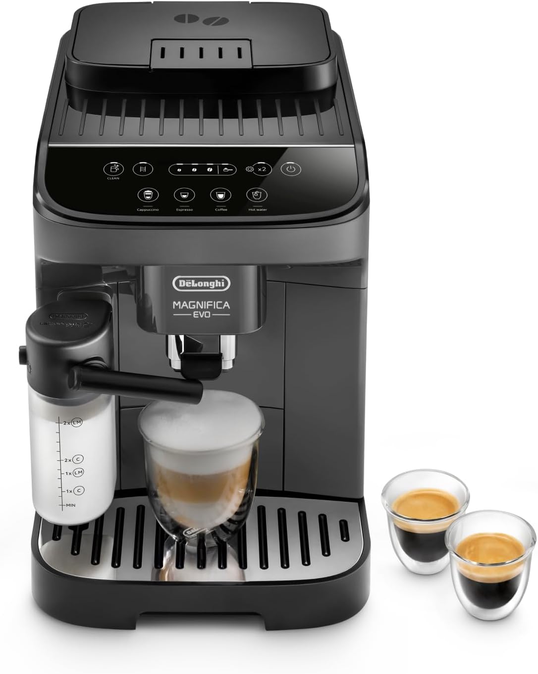 De'Longhi Magnifica Evo ECAM292.52.GB, Machine Automatique à Café en Grains, Broyeur Intégré, Panneau de Commande à Icônes Blanc et Noir, Technologie LatteCrema Hot, 1450W, Noire 4 Recettes