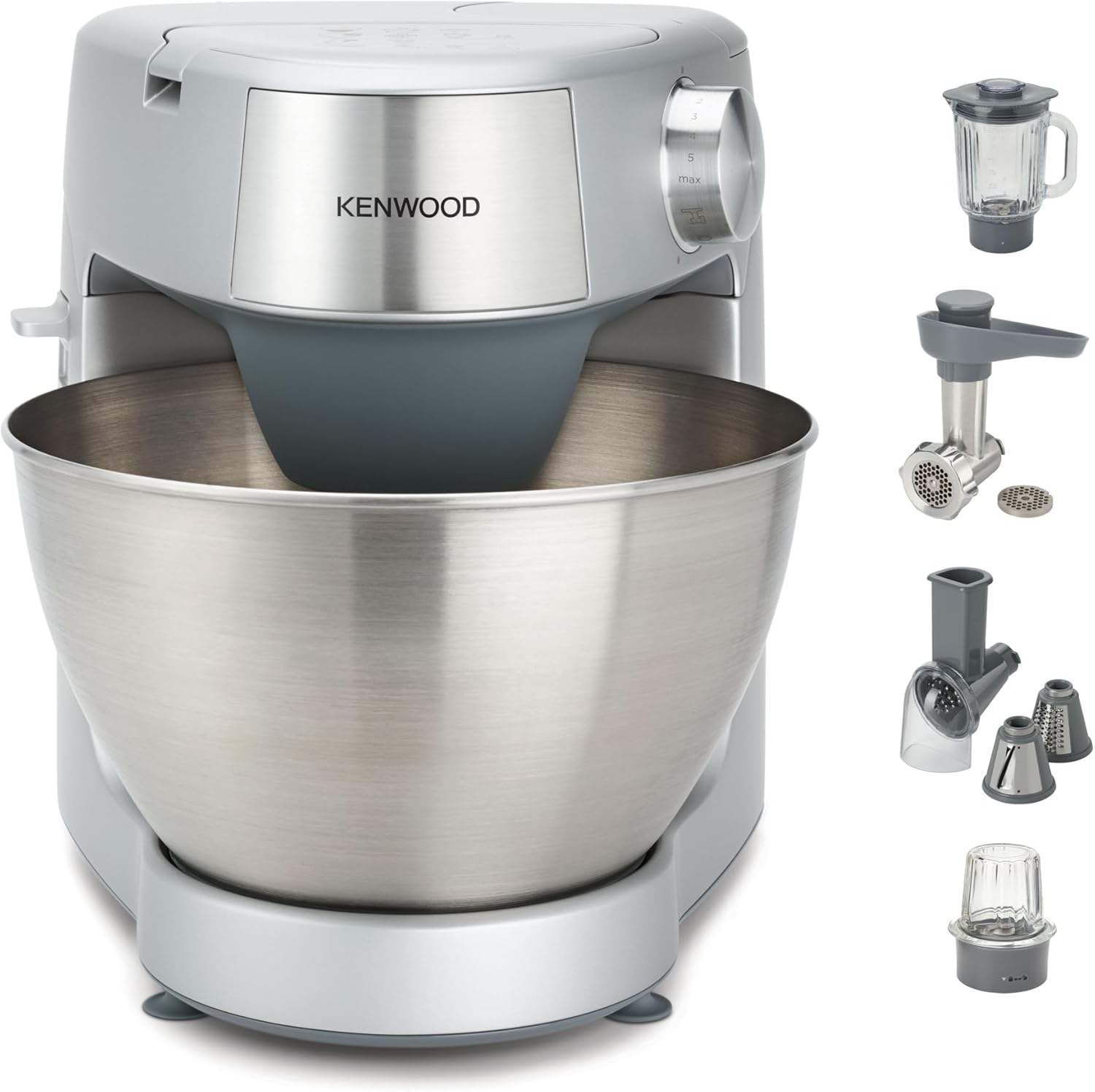 KHC29A.X0SI Prospero+ Robot multifonction avec bol en inox 4,3L, 12 accessoires inclus, fouets, crochet, mixeur en verre, hachoir, presse-agrumes