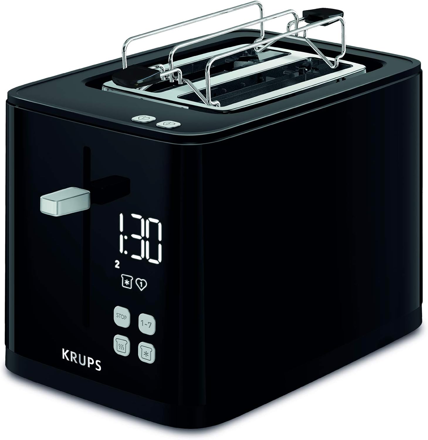 Toaster Smart'n Light Krups KH641810 - Grille à deux tranches - Affichage numérique - 7 niveaux de brunissage - Ramasse-miettes amovible - Compte à rebours - Appareil de levage - Noir