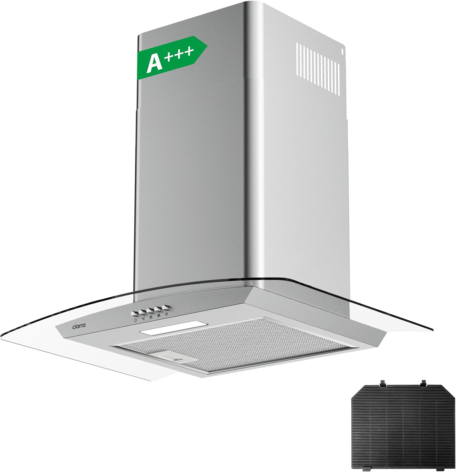 CBCS6506B Hotte Aspirante Classe A+++ 60cm 650m³/h -Avec Filtres à Charbon - 3 Vitesses - Recyclage ou Evacuation- Hotte Décorative Murale Inox