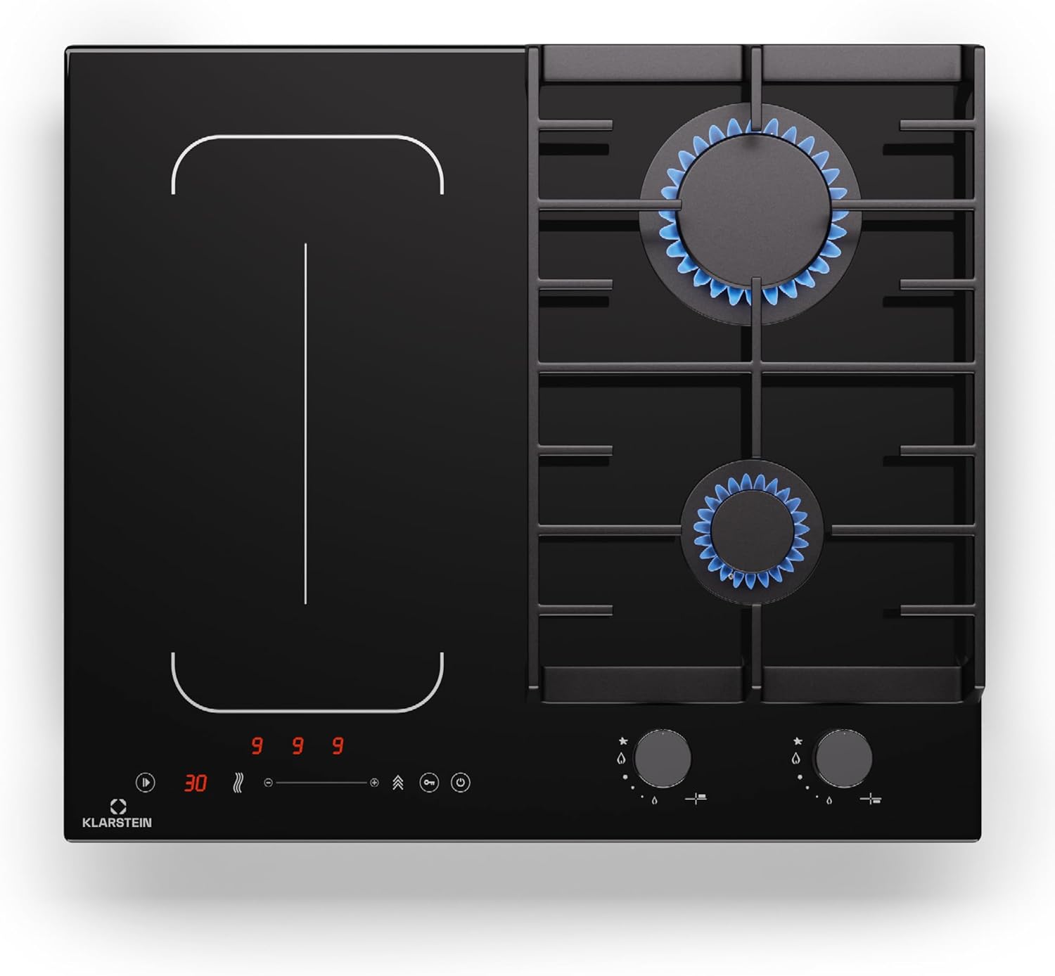 MultiChef 4 Plaque Induction Et Gaz - 4 Zones, 2 Gaz & 2 Induction, Flexzone, 7Kw, Stop&Go, Minuterie, Supports En Fonte Noir, 58,5Cm 60 cm 2 fils (1 Flex zone) + 2 brûleurs à gaz Noir