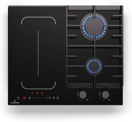 MultiChef 4 Plaque Induction Et Gaz - 4 Zones, 2 Gaz & 2 Induction, Flexzone, 7Kw, Stop&Go, Minuterie, Supports En Fonte Noir, 58,5Cm 60 cm 2 fils (1 Flex zone) + 2 brûleurs à gaz Noir