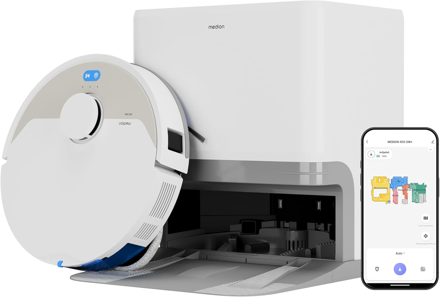 Robot aspirateur avec Station 3-en-1, Navigation Laser et Fonction serpillère X55 SW+ (Puissance d’Aspiration 10.000Pa, brosses rotatives, Laser croisé)