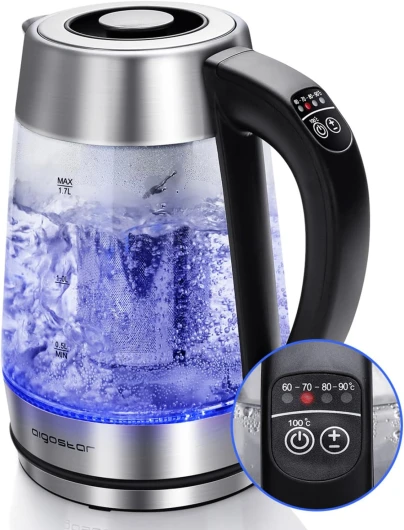 Cris - Bouilloire en verre Température Réglable 2200W, 1.7L - Thermostat Réglable (60 à 100ºC) et fonction maintien au chaud, Filtre à thé amovible, éclairage LED de couleurs, Sans BPA.