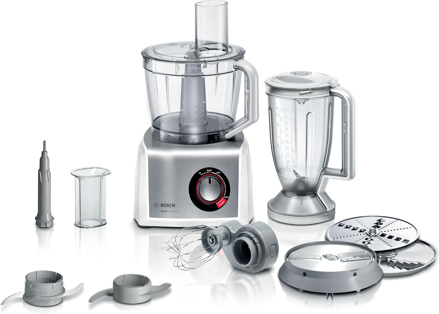 Robot de cuisine compact Bosch MultiTalent 8 MC812S814, 45 fonctions, bol mélangeur XXL 3,9 L, blender 1,5 L, couteau universel, fouet, coupe et râpe (fin, grossier), 1250 W, blanc/acier inoxydable Blanc 1250 W Pack d'accessoires XL Uni