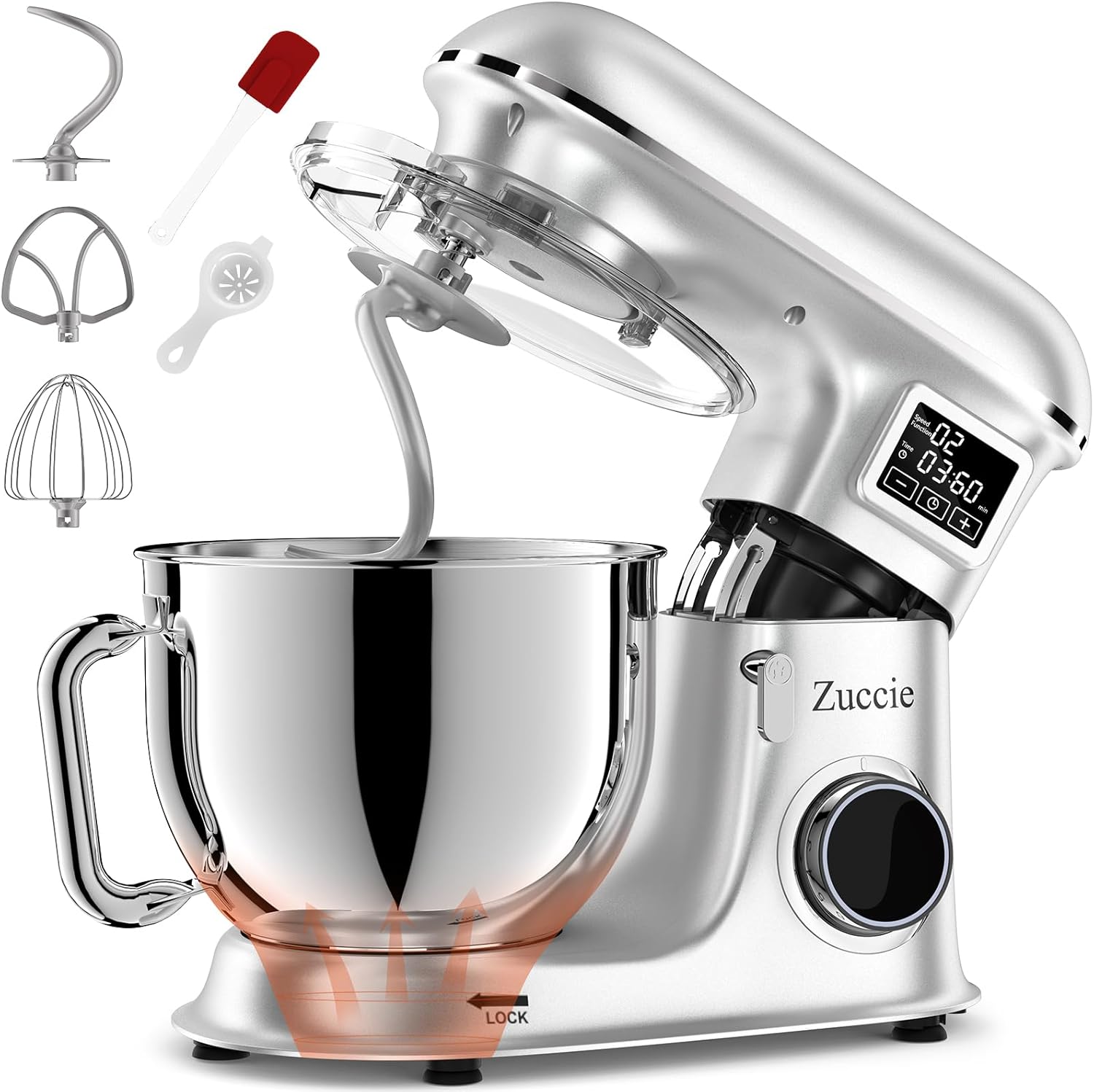 Robot Pâtissier 1500W 8L Robot Patissier Multifonctions Écran LCD + Fonction de Fermentation Robot Petrin avec Fouet, Batteur, Crochet et Pare-éclaboussures,6 Vitesses (Argent)