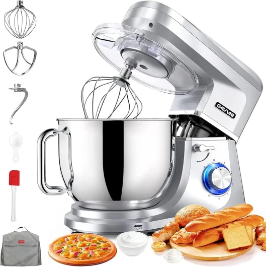 Robot Pâtissier 2000W Robot Pétrin Professionnel 7.2 L Faible Bruit Robot de Cuisine Multifonction avec Fouet Batteur Crochet Bol d'Acier Inoxydable,6 Vitesses Silver