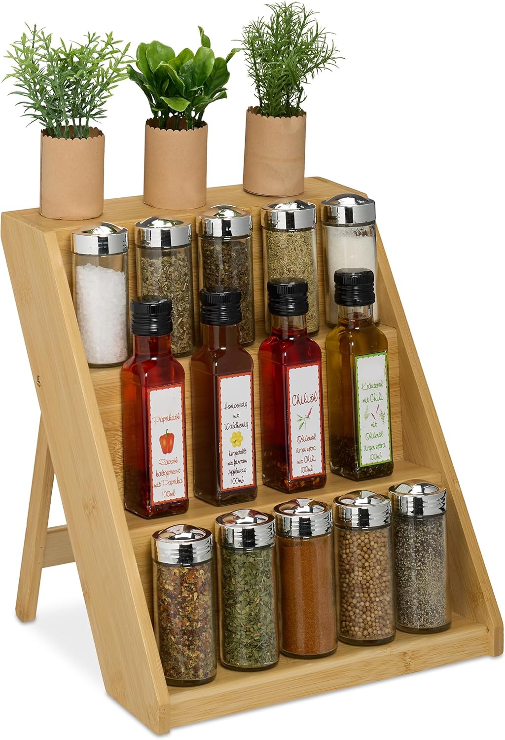 Étagère à épices en Bambou, H x L x P : 29,5 x 30 x 26 cm, 3 Organisateur en Bois, Rangement Debout, Naturel