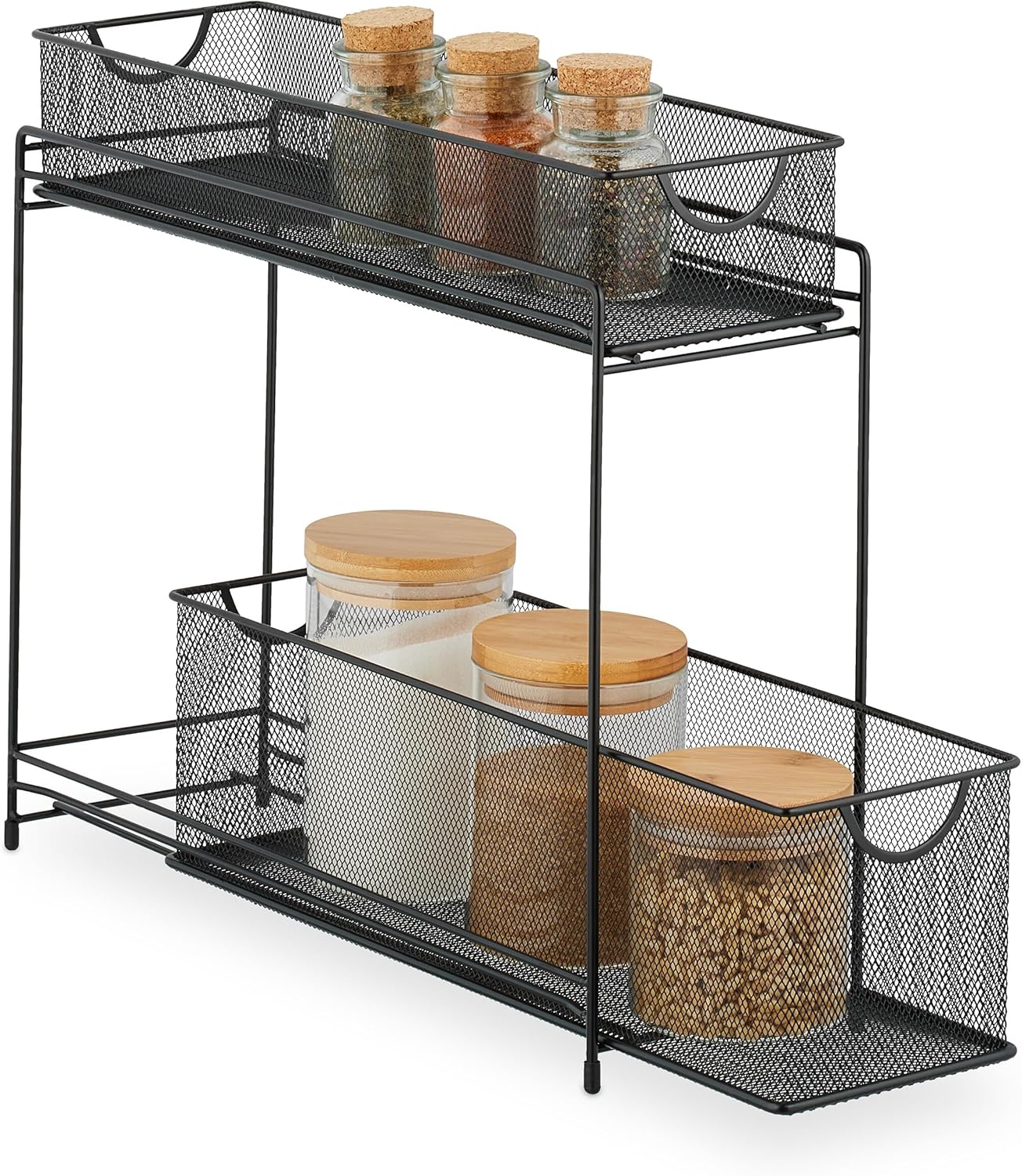 Organiseur pour Placard de Cuisine, corbeilles coulissantes, 2 tiroirs, métal, HxLxP: 40x15x46 cm, Noir