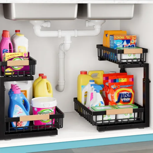 Jusdyrack Rangement Sous Evier,Métal 2 Packs Rangement Sous Evier Cuisine,Robuste Organisateur Sous Evier Cuisine Rangement Et Organisation De Cuisine Pour La Cuisine,Salle De Bain(Noir) Noir Lot de 2