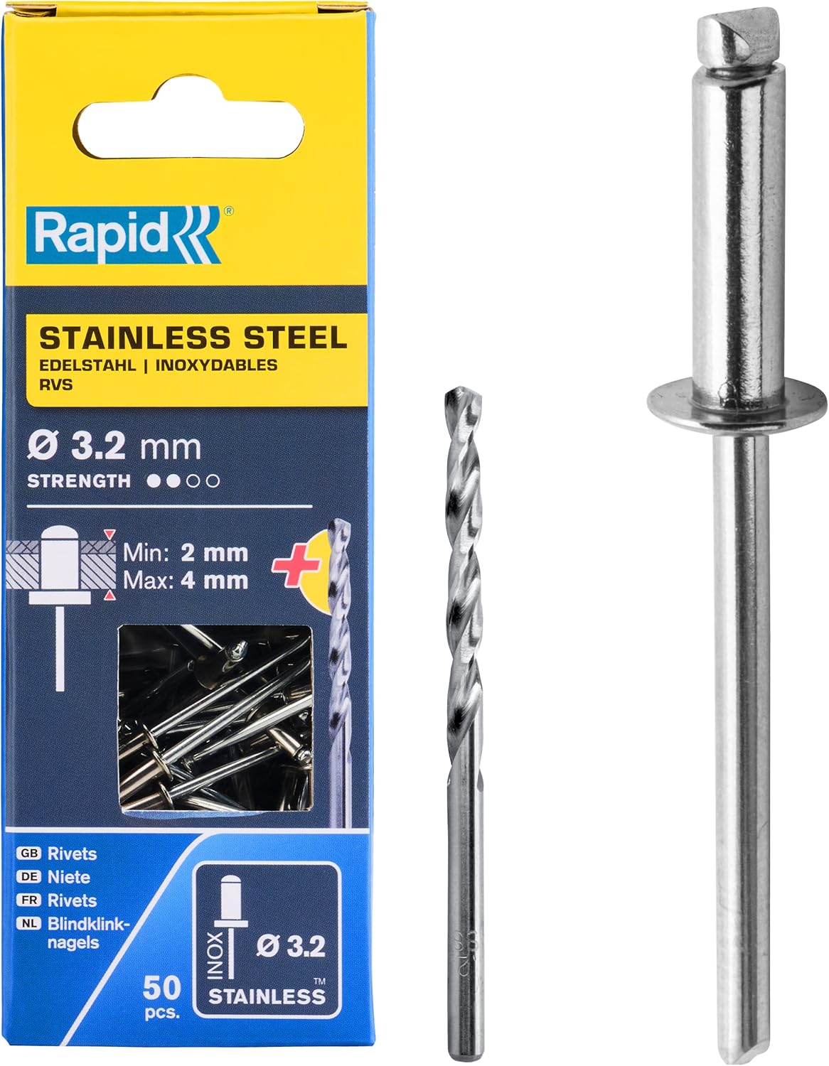 5000393, Rivets Acier Inoxydable, ø 3, 2 x 8 mm, 50 pièces, Forêt inclus Gris 8 mm ø3.2 mm