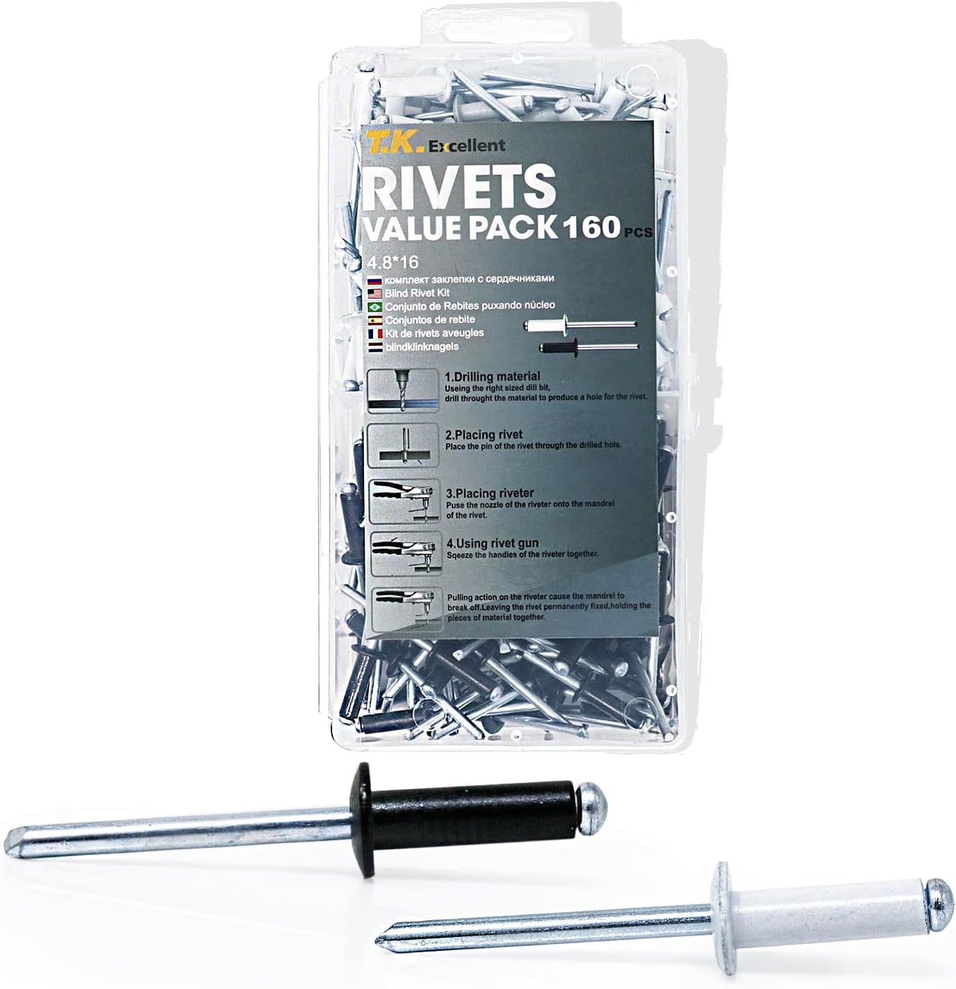 T.K.Excellent Rivet noir-Rivet blanc-Lot de 160 rivets pop en acier aluminium avec petite tête Noir et blanc M4,8 16 mm