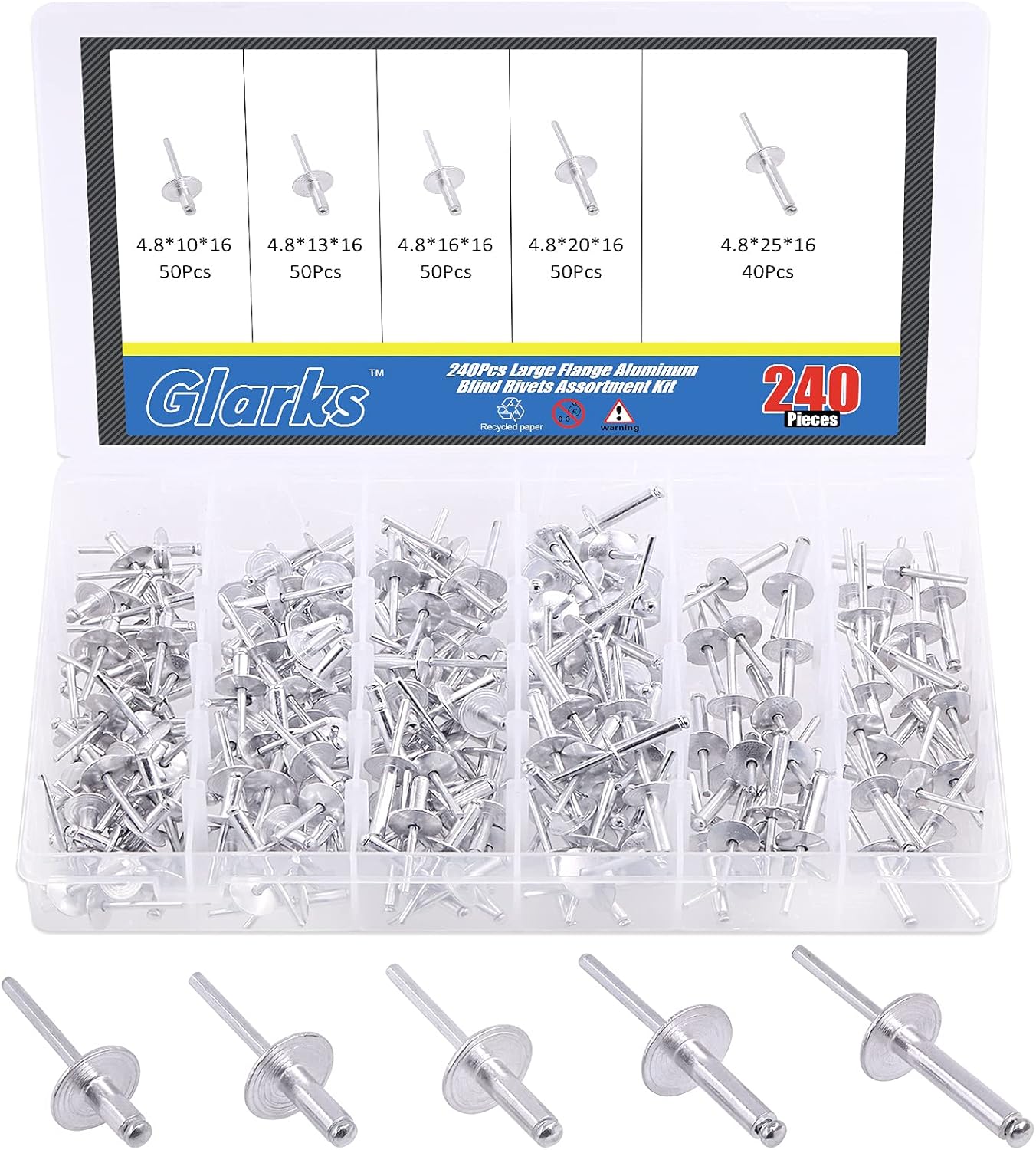 Glarks Assortiment de 240 rivets aveugles à bride large de 3/16" x 3/8", 1/2", 5/8", 3/4", 2,5 cm