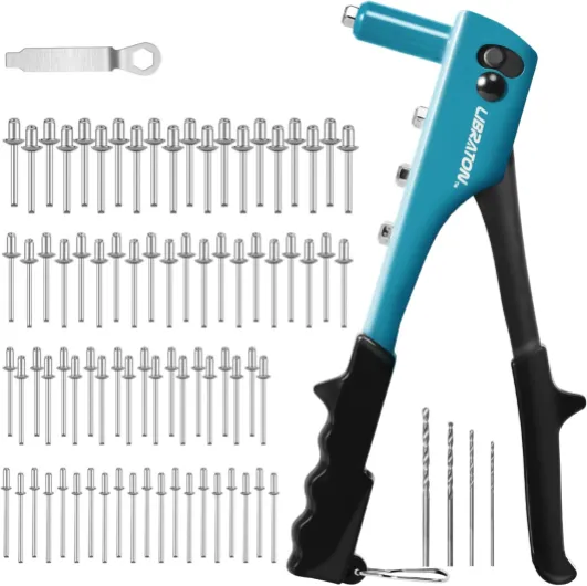 Riveteuse Manuelle Pince à Riveter Ensemble Interchangeables avec Rivets 80 Pièces pour 4 Types de Rivets HSS Forets Riveter pour Automobile, Chemin de Fer, Meubles, Instrument