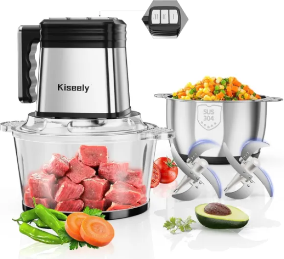 Hachoir électrique 2L, Robot culinaire à 3 vitesses avec 2 bols et 2 jeux de lames à deux niveaux, hachoir à viande et légumes 400W pour viande, légumes, fruits et noix (SL6)
