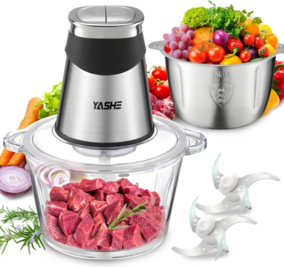 Hachoir Électrique 1,8L+2L, Robot de Cuisine avec Récipients en Verre et en Acier Inoxydable, Hachoir à Viande 500W à 2 Vitesses avec 2 Jeux de Lames