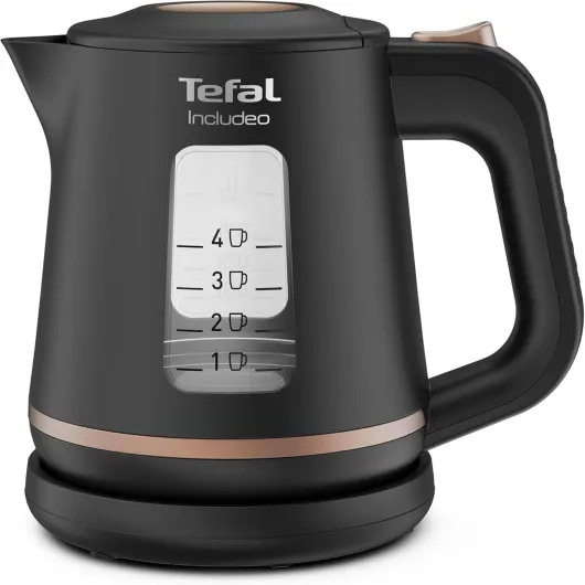 Bouilloire électrique 1 L, Ébullition rapide, Filtre anticalcaire amovible, Poignée ergonomique, 2 fenêtres niveau d’eau, Base à 360°, Includeo, Noire, KI533811 Bouilloire Design Inclusif 1L