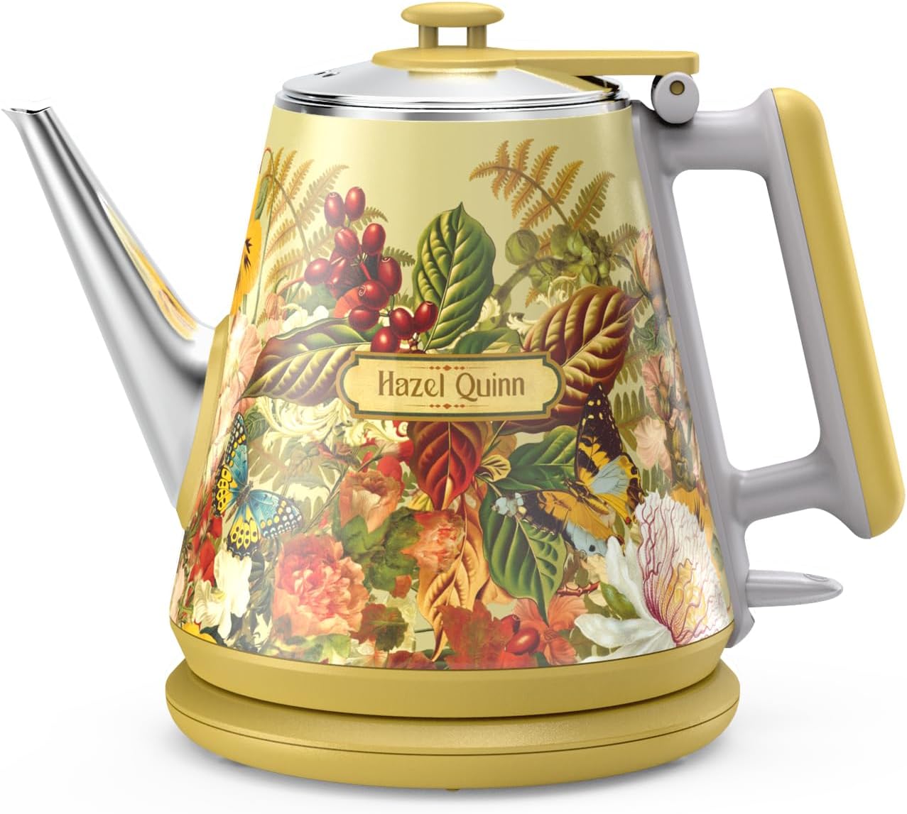 Bouilloire Electrique, 304 Acier Inoxydable et Sans BPA, Sans Fil et Avec Arrêt Automatique, Parois Doubles, 1 Litre, 1360 Watts, Imprimé Fleurie