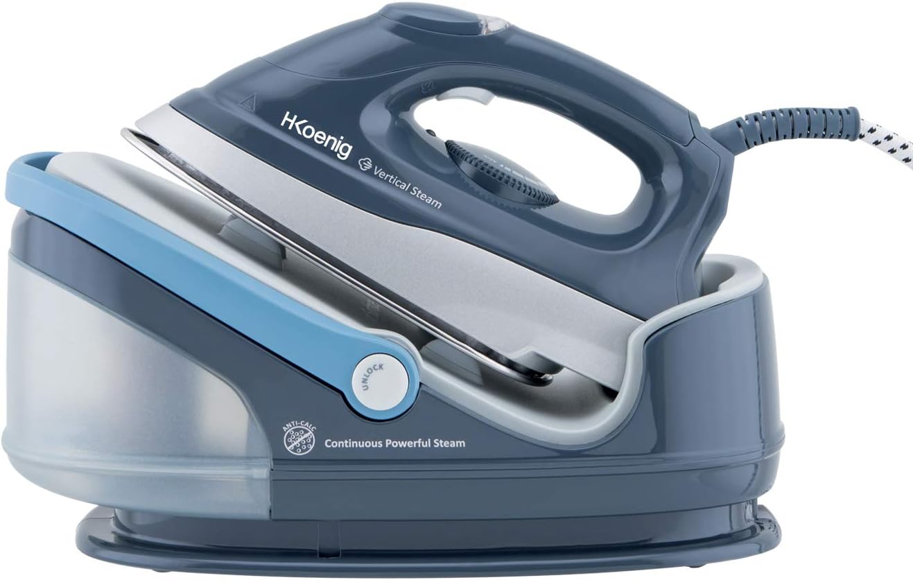 H.Koenig V5i Centrale vapeur verticale Haute Pression 6 bars puissante et continue 100g/min, Autonomie illimitée, Semelle Céramique, Rapide, Compact, Puissante 2400W, réservoir 1,7L Gris