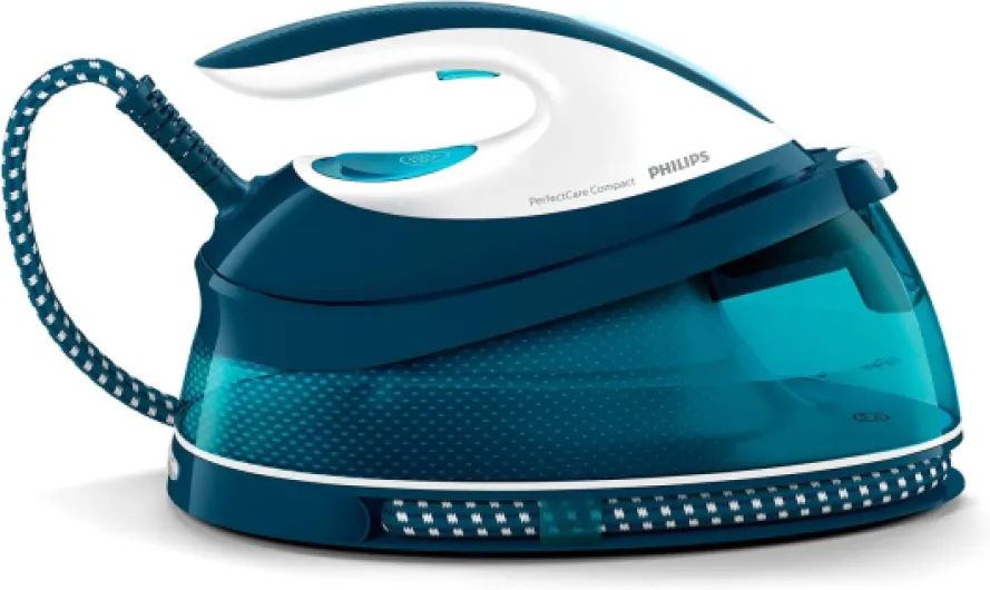 PerfectCare Compact Plus Centrale Vapeur - 2400W, 400g, Pression de 6,5 bars, Technologie OptimalTEMP, Réservoir de 1,5 L, Bleu/Blanc (GC7844/20) Effet Pressing 400g Effet Pressing 400g