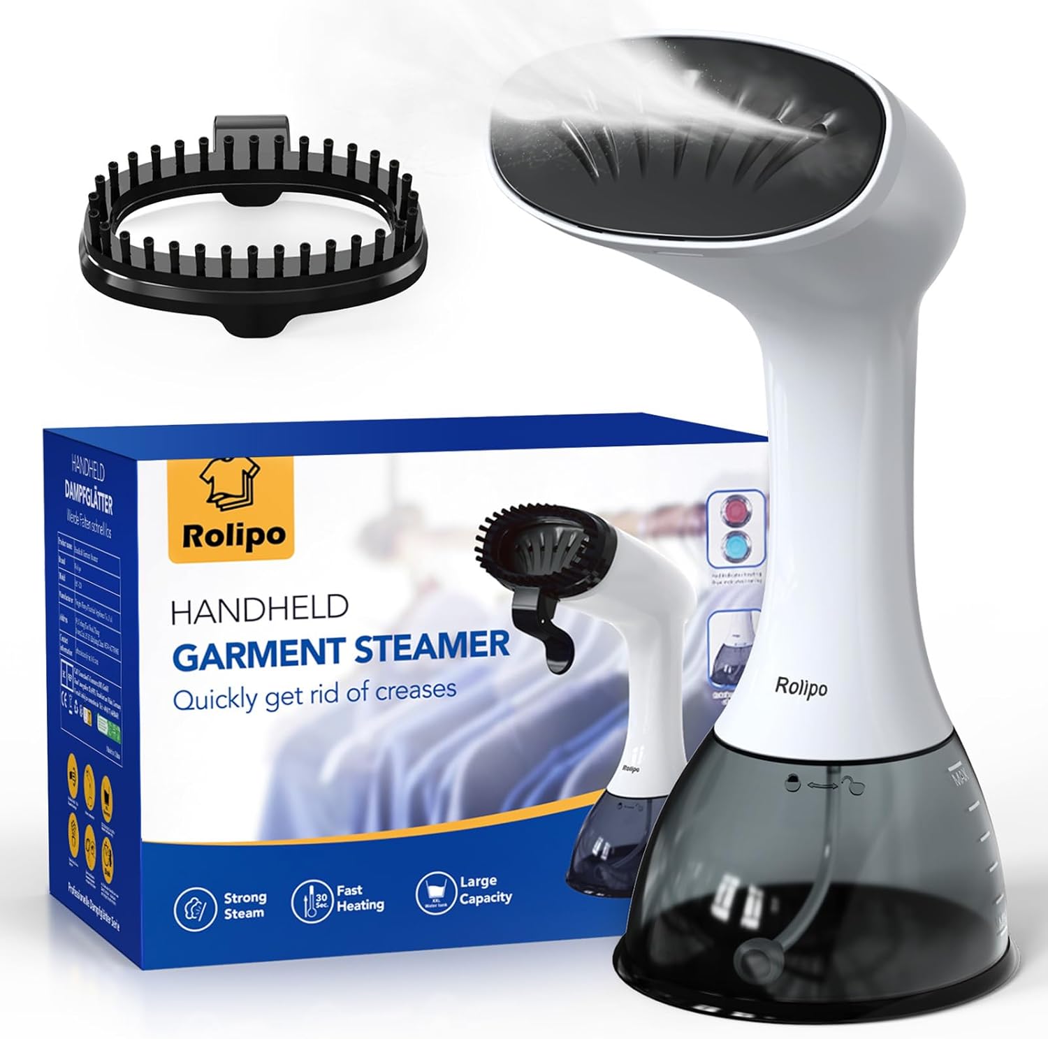 Rolipo Défroisseur Vapeur,1640W Fer à repasser portable haute puissance pour la maison, le bureau, le voyage, réservoir d'eau de grande capacité de 400ML, Voyage Vapeur Steamer,Blanc