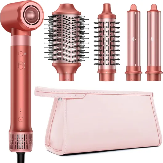 HITTIONA Sèche Cheveux & Air Styler, 5 en 1 Brosse Soufflante avec Séchage Rapide, Sans Dommages Causés par Volumisation, Bouclage, Lisser, Trousse de Rangement Offerte - Idée Cadeau Parfaite Rouge Fraise