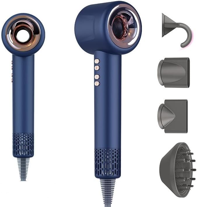Sèche-cheveux ionique compact et puissant avec diffuseur pour boucles, air froid, brushing et coiffure professionnelle - Silencieux, léger, multifonction, Garantie 2 ans - Accessoires inclus - Bleu