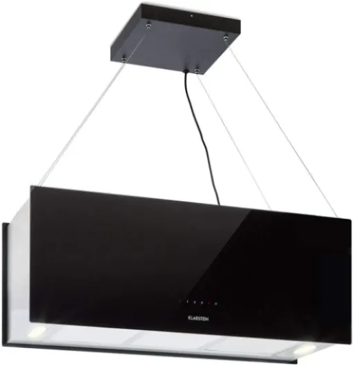 Hotte Aspirante Ilot Central de Cuisine Silencieuse et Design, Débit d'air 590m³/h, Minuteur, 3 Modes, Hotte Aspirante Suspendue Sans Evacuation et Filtres à Charbon Actif, Hotte à Recyclage Noir 90 x 35 x 35 cm (LxHxP)
