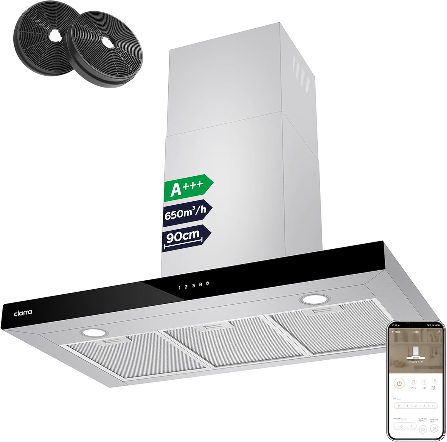 Hotte Apisrante 90cm 650 m³/h - Class A+++ - 4 Vitesses - Fonction Boost - Hotte de Cuisine Silencieuse - Commande Tactile - Wi-Fi - LED Dimmable - Inox - CBCS9102