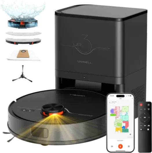Uninell Aspirateur Robot Laveur avec 5000Pa, Robot Silencieux avec 3.5L Vidage Automatique Station, 180Min, Navigation LiDAR & Cartographie, APP/Remote/Voice Contrôle pour Tapis Poils d'animaux