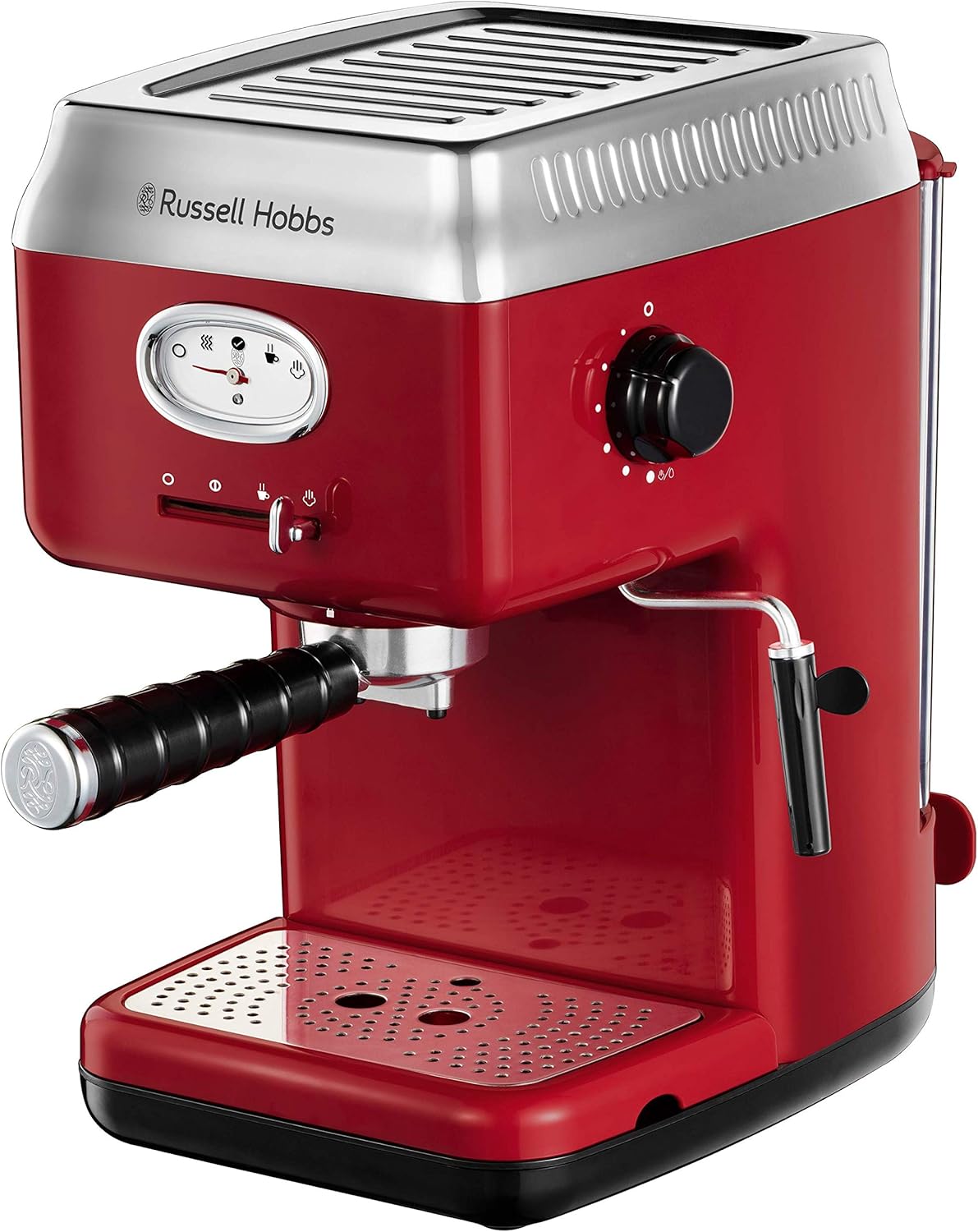 Machine expresso [Porte-filtre, Thermobloc] Retro Rouge (Pression 15 bars, réservoir d'eau amovible 1,1 L, buse à vapeur et à mousse de lait, Chauffage de tasses) Machine à café 28250-56