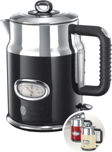 Bouilloire Electrique (Design Vintage Premium) Retro Noire (1,7L, 2400W, Ebullition Rapide, Jauge Température Rétro,Marqueurs 1-2-3 tasses,Ecoulement,Couvercle Amovible) 21671-70