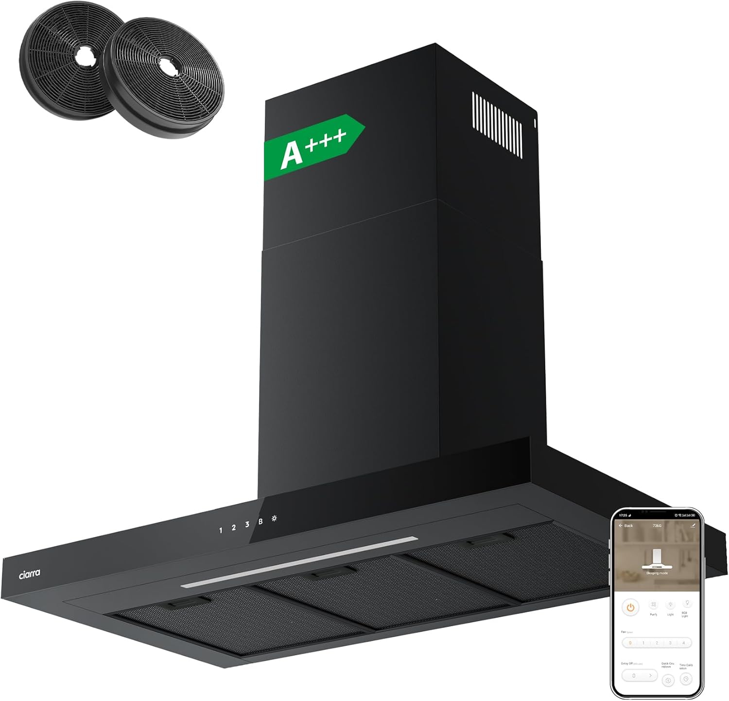 Hotte de Cuisine 90cm Classe A+++ 650m³/h, WIFI & Commande Tactile, 4 Vitesses & Boost, Filtre à Charbon Inclus, Recyclage ou Évacuation, Affichage LED – Noir – CBCB9102