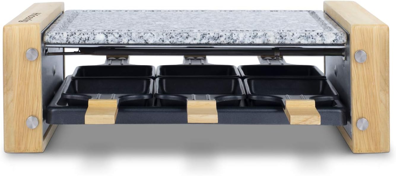 H.Koenig Appareil à raclette Multifonction 6 personnes WOD6, Professionnel, Raclette fromage, Fondue, Pierre Granit et bois naturel, Plaque Amovible, 6 poêlons & 6 spatules en bois, 900W