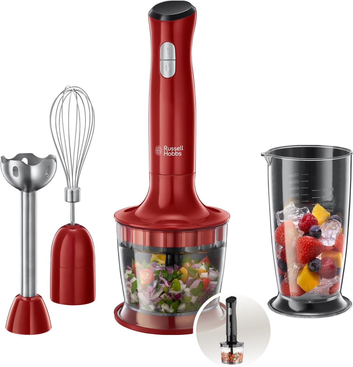 Mixeur Plongeant [ 3en1: Mixe, hache, fouet] Blender (Smoothie, sauce, aliments bébé, glace pilée, gâteau etc, lave-vaisselle, Bol doseur 700ml, hachoir 500ml, antiéclaboussure) 24700-56 Rouge