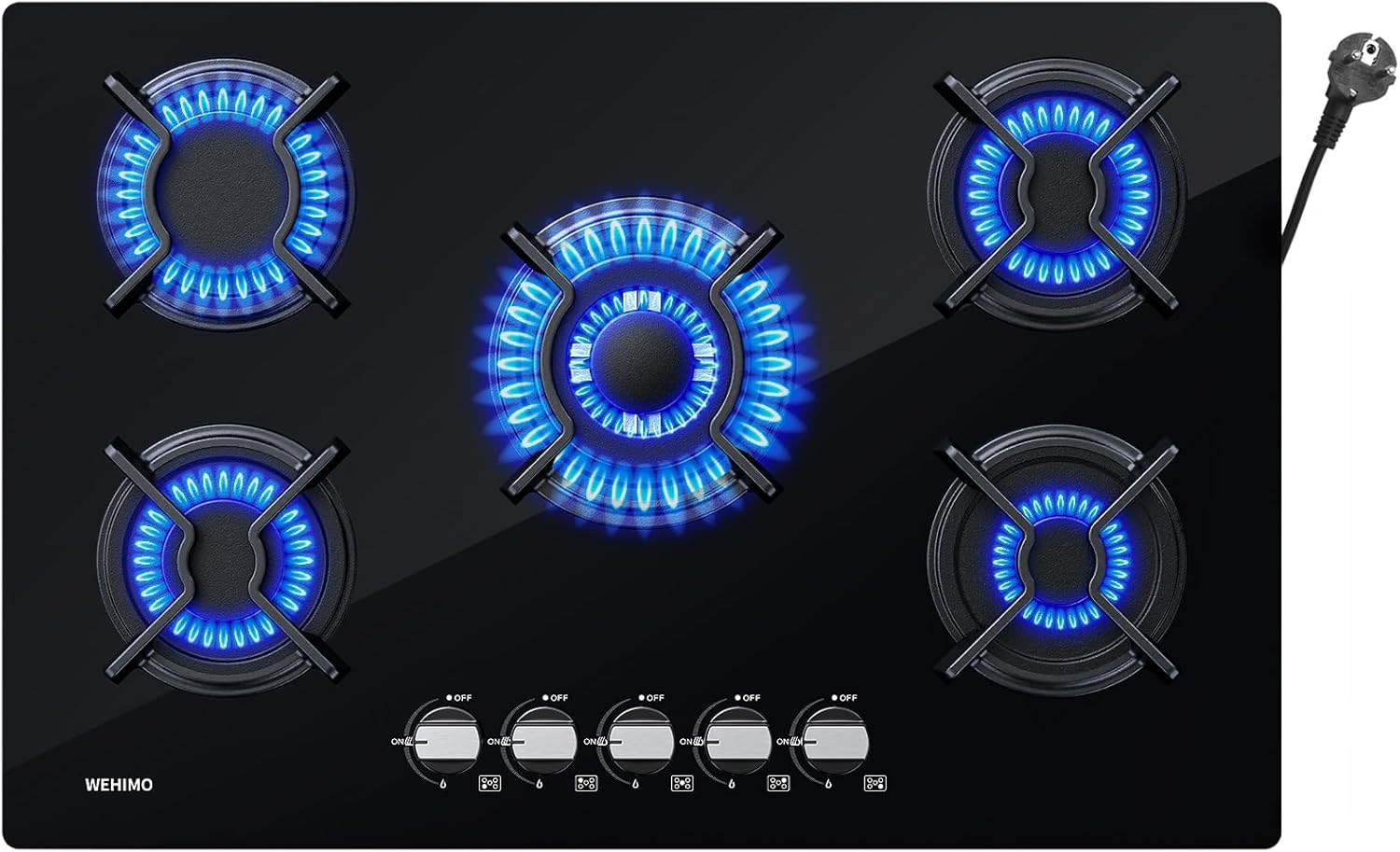 Plaque de Cuisson Gaz 5 Feux, WEHIMO Table de Cuisson Encastrable, Plaque Gaz 77cm, 10500W, Grille Fonte, Gazs Ville et Bouteille, Verre Noir Verre Gaz 5 Feux