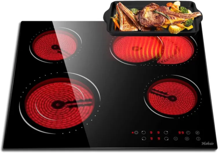 Hobsir Plaque Vitrocéramique 4 Feux, Plaque Cuisson électrique Encastrable 60cm, 6600W, Table de Cuisson avec Zones Ovale et Double Flexibles, Contrôle Tactile, Minuterie, Sans Prise, 240V 60CM avec Ovale 4 Feux Touche