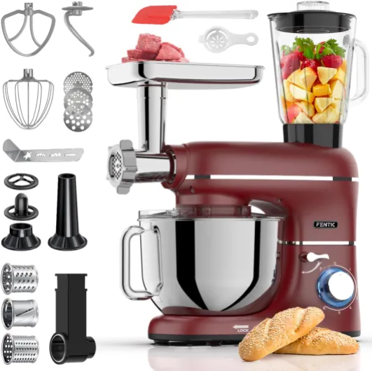Fentic 6 en 1 Robot Pâtissier – 2000W - Av - Hachoir à Viande, Mixeur 1,5L, Cutter, Accessoires – Robot Cuisine Multifonctions Av - 6,2L Bol Mélangeur, Fouet, Crochet Pétrisseur, Batteur (Rouge)